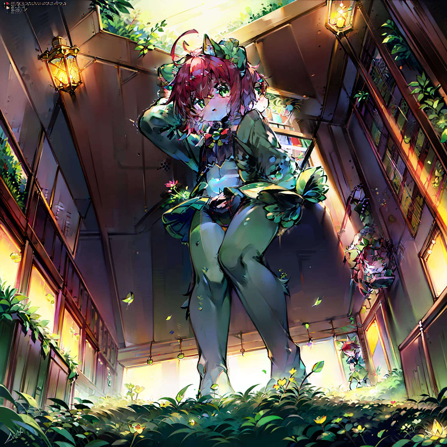 ((Masterpiece)),(Best quality),Ultra-detailed,Best Illustration,Dynamic Angle,Half body, Cute boy,Frog hood,Short light red hair，Green eyes，Frog modeling，Decoration of lotus leaves，Clover decoration