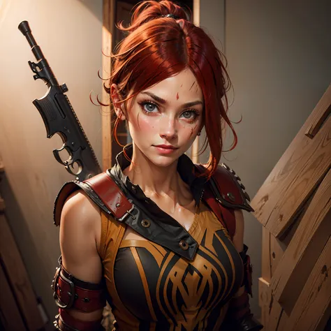 red haired pretty woman, holding gun, short ponytail, two scars across eye, white eyes, smug expression, black top and red, port...