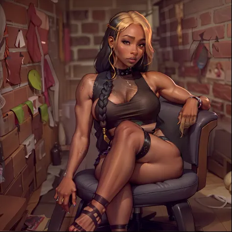 dark skinned female with long braided blonde hair, wearing fishnets, wearing mesh sleeveless top, relaxing on chair, nicki minaj, wearing black mini skirt
