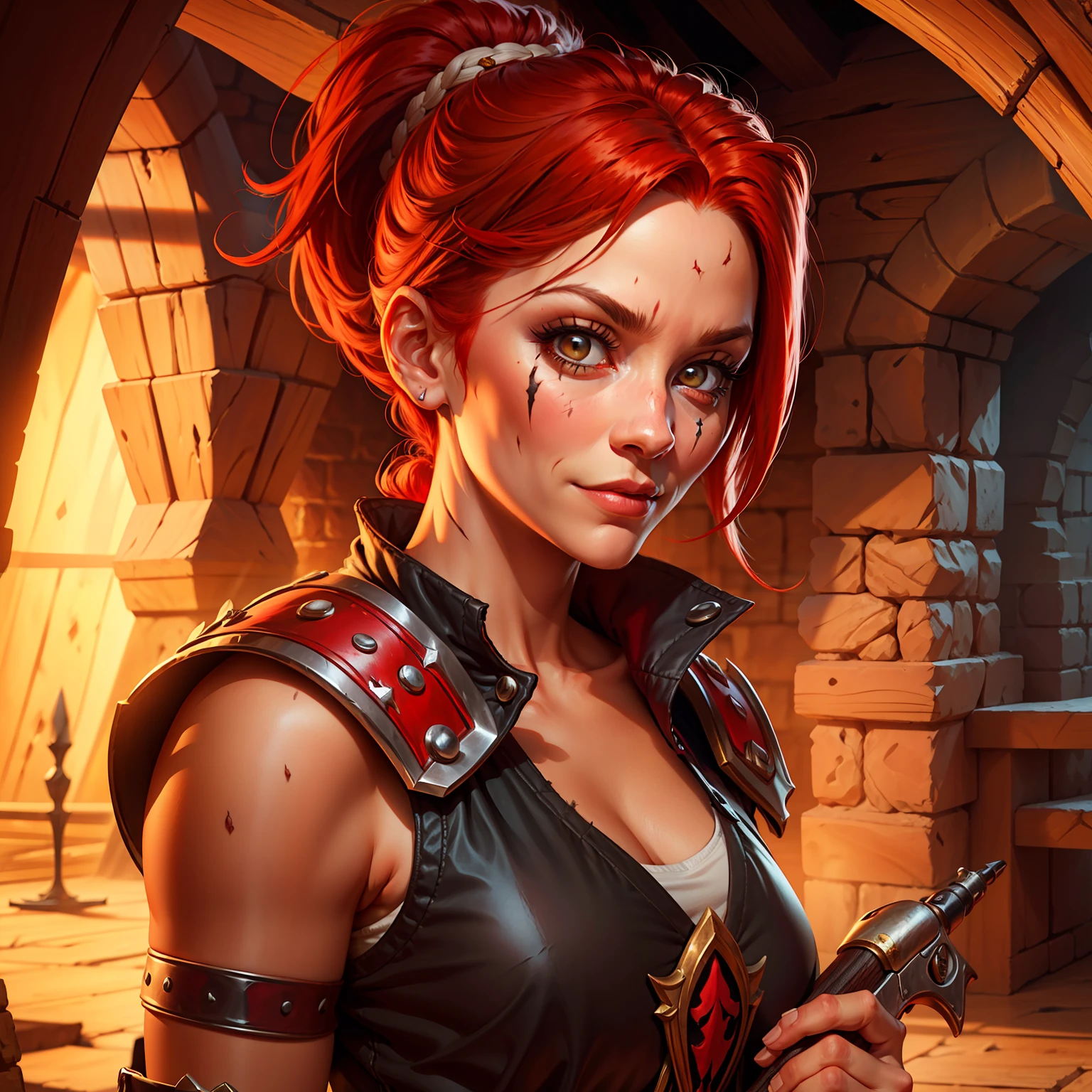 red haired pretty woman, holding medieval pistol, short ponytail, two scars across eye, white eyes, smug and cocky expression, black top and red, portrait, medieval times, scar across eye, dreadlocks, drop shadow, wide shot, high detail, anatomically correct, masterpiece, highres, high quality, high details, 8k, retina