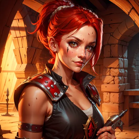 red haired pretty woman, holding medieval pistol, short ponytail, two scars across eye, white eyes, smug and cocky expression, b...