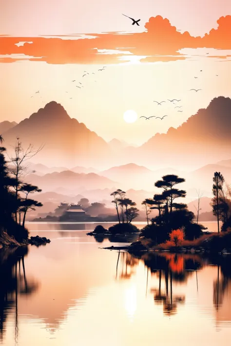 （high detail,hyper quality,high resolution,UHD，16k）,(official art), a Chinese ink painting style sunset painting
[Sunset and sol...