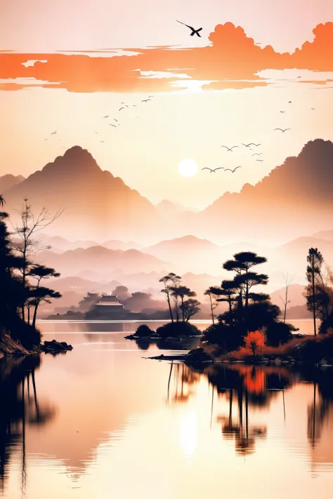 （high detail,hyper quality,high resolution,uhd，16k）,(official art), a chinese ink painting style sunset painting
[sunset and sol...