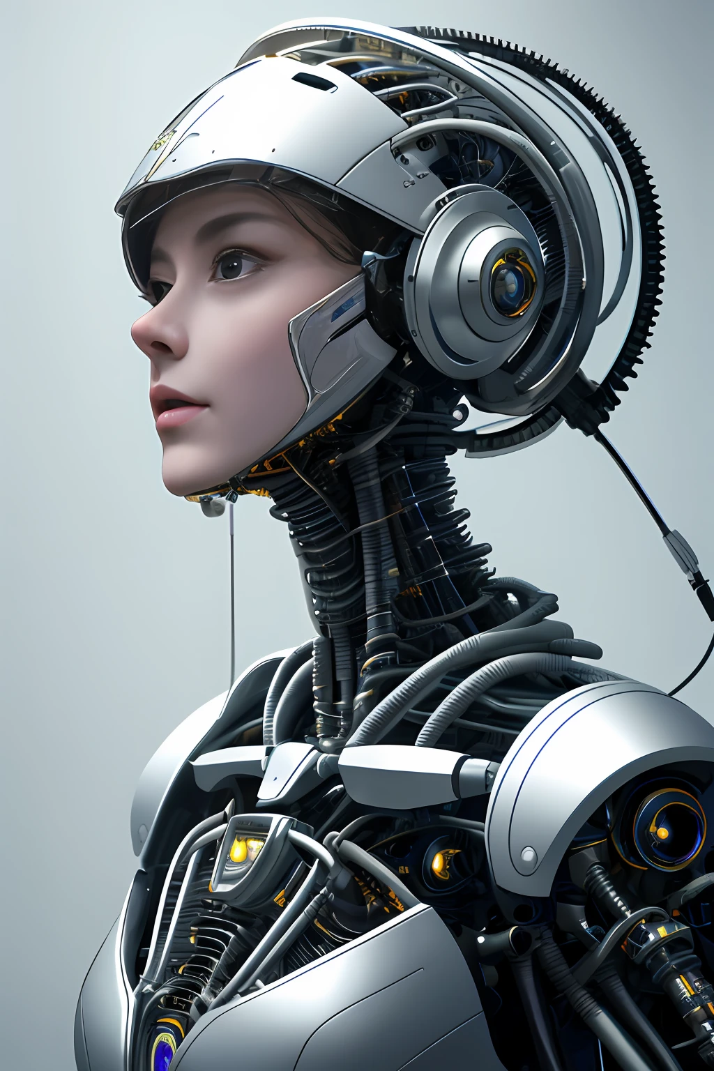 Intricate 3d rendering of highly detailed beautiful ceramic silhouette female ロボット face, サイボーグ, ロボット parts, 150ミリメートル, 美しいスタジオの柔らかな光, リムライト, 鮮やかなディテール, ラグジュアリーサイバーパンク, レース, シュール, 解剖学 , 顔の筋肉, ケーブルワイヤー, マイクロチップ, 優雅, 美しい背景, オクタンレンダリング, HRギーガースタイル, 8K, 最高品質, 傑作, 図, とても繊細で美しい, 非常に詳細, CG, ユニフォーム, 壁紙, ( 忠実さ, 忠実さ: 1.37), 見事な, 細かい部分, 傑作, 最高品質, 公式アート, very detailed cg unity 8K wallpaper, 不条理, unbelievably 不条理, ロボット, 銀色のヘルメット, 全身, 座って書く