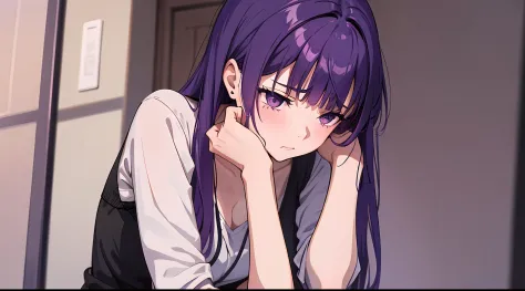 sad girl with purple hair in home