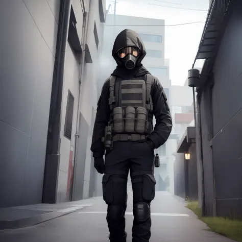 Soldier with gas mask in hood all black in alleyway