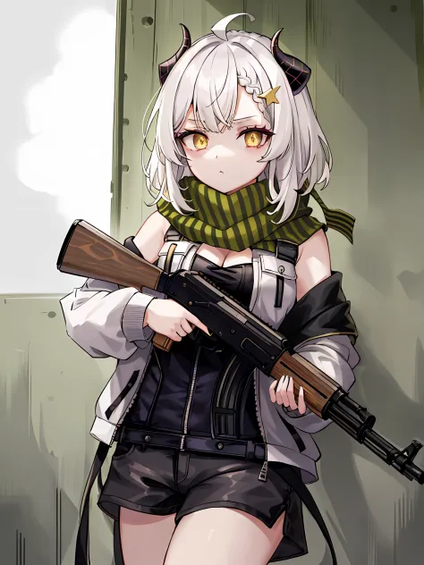 best quality, 4k,masterpiece, extremely detailed, 8k, High Detail, Sharp focus, 1girl, solo, ((white hair)), short hair,ahoge,(french braid),(light green scarf), hairclip,((dark grey horns)),((yellow eyes)),detailed eyes, star-shaped pupils, green hair orn...
