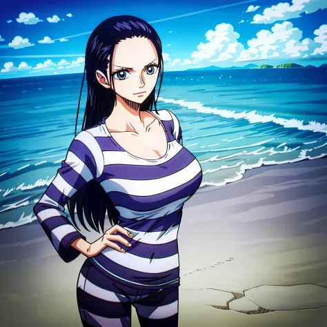 1girl, (shapely body), (solo), 30 years old,  hdr, beach, nico robin, priclothes, striped clothes, prisoner, clothes, clothing, outfit, pants, long sleeves,
