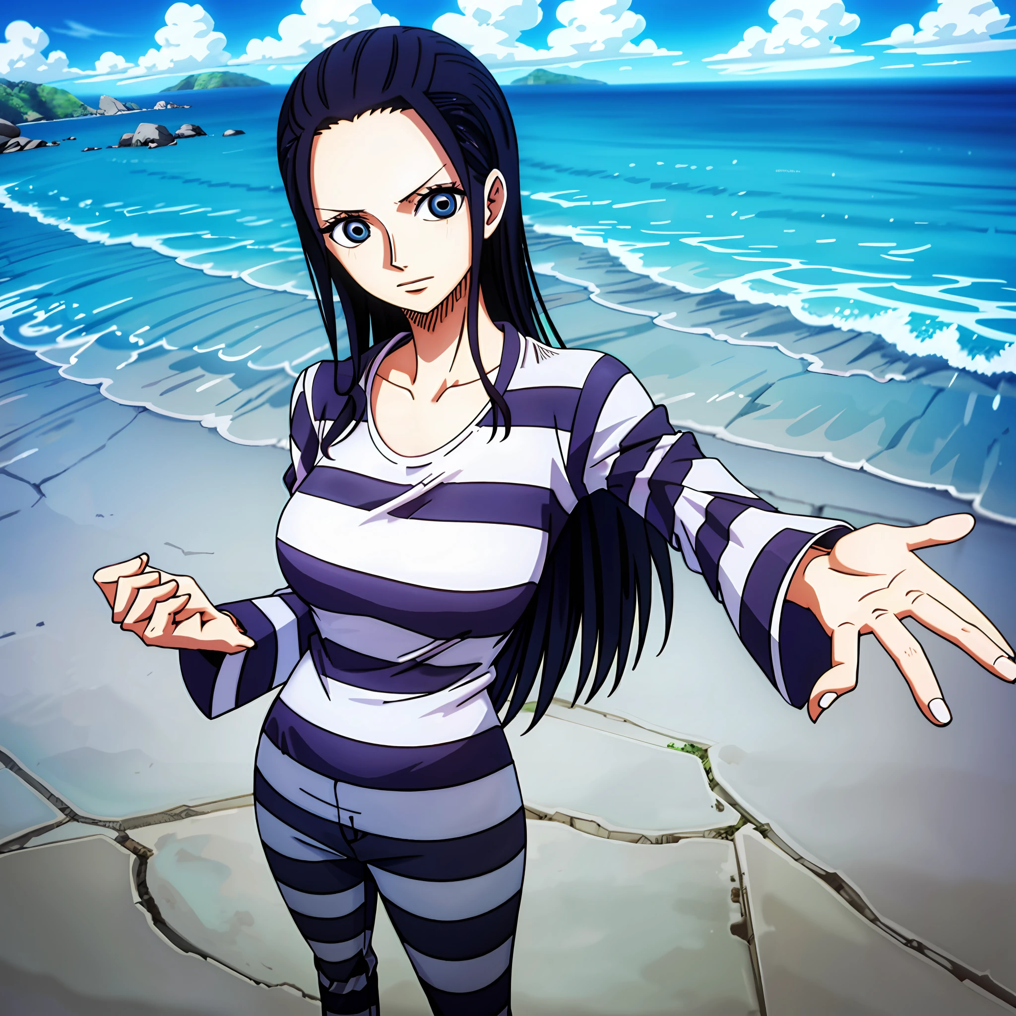 1girl, (shapely body), (solo), 30 years old,  hdr, beach, nico robin, priclothes, striped clothes, prisoner, clothes, clothing, outfit, pants, long sleeves,