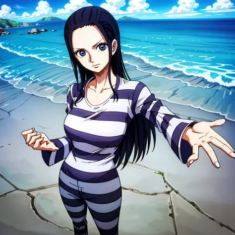 1girl, (shapely body), (solo), 30 years old,  hdr, beach, nico robin, priclothes, striped clothes, prisoner, clothes, clothing, ...