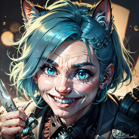 jocker，ssmile，knifes，blue hairs，cat ears，death smile，closeup of face，big face，exaggerated smile