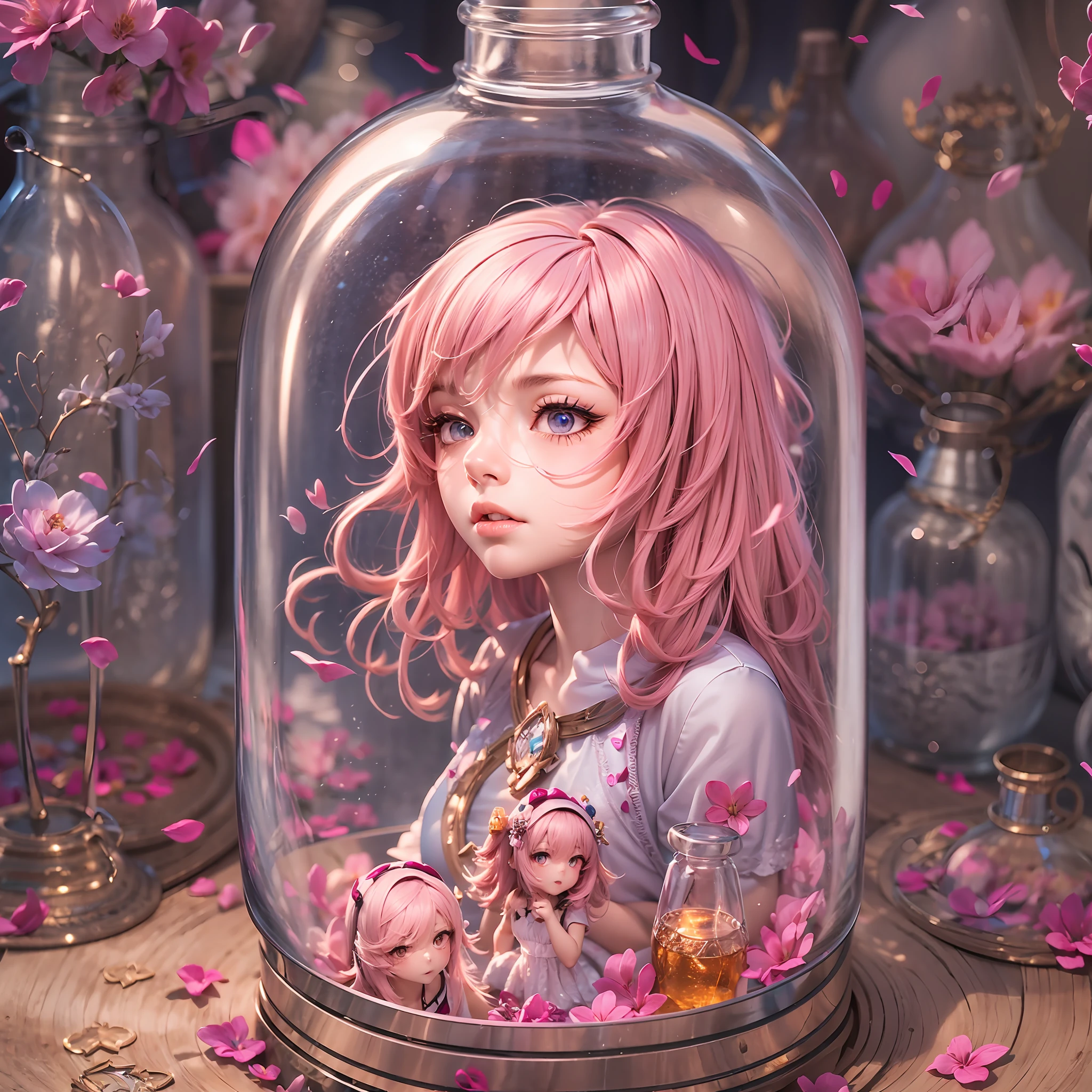 Uma garota de cabelo rosa presa em uma garrafa，Representação detalhada do rosto，