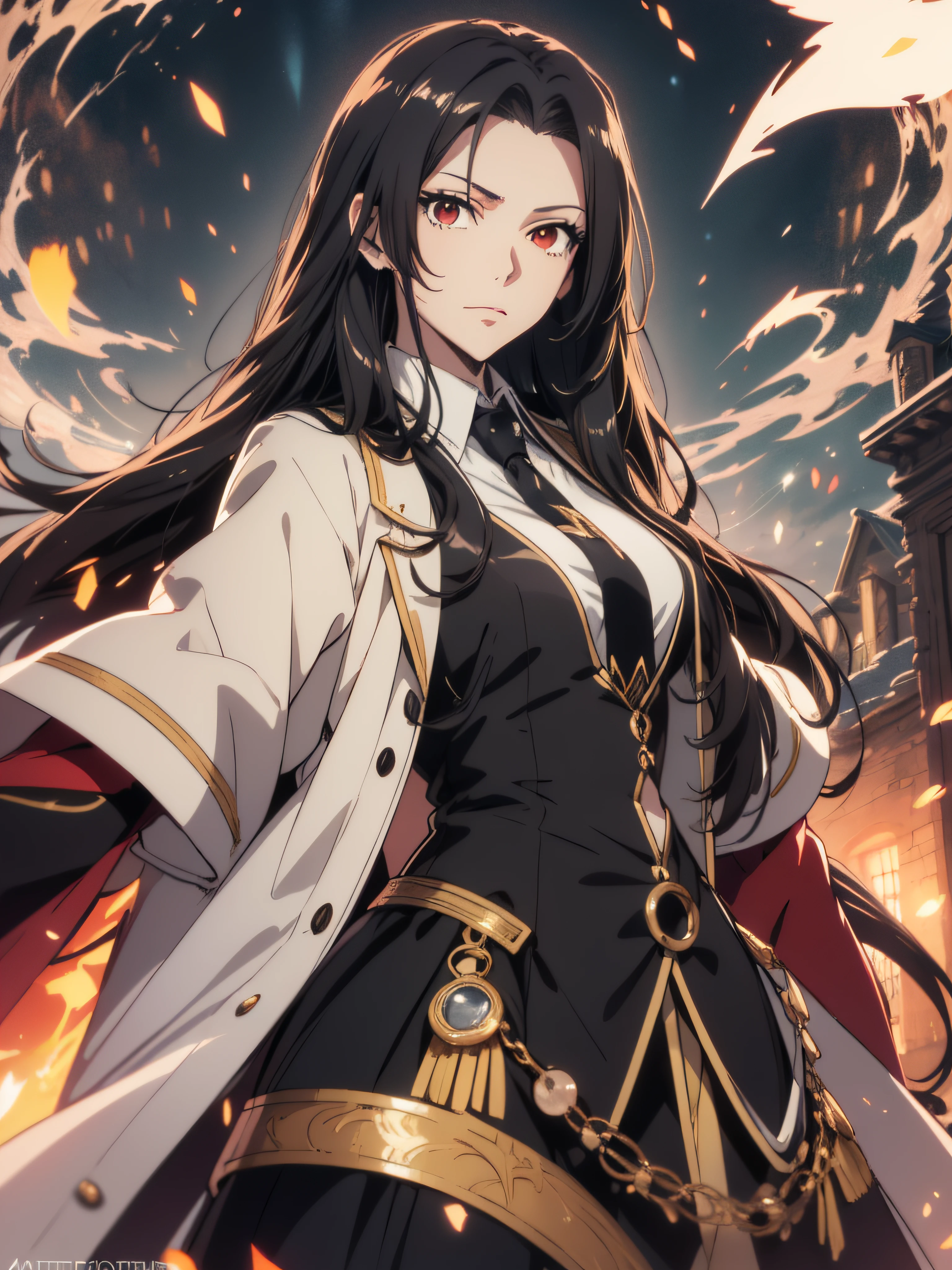 (ultra-detailed, perfect pixel, highrest, best quality), 20 years old Anime girl, smooth anime artstyle, long raven hair, slightly wavy hair, parted bangs, black hair, gradient hair color, Magus, ((red eyes)), detailed eyes, beautiful eyes, long black coat, white shirt, ((necktie, long tie)), black skirt, aristocrat, noble attire, beautiful, ethereal, elegant, prestigious, royal building, royal atmosphere, kingdom, particle effect, smooth smoke effect, lightning, magic light, standing, looking at viewer