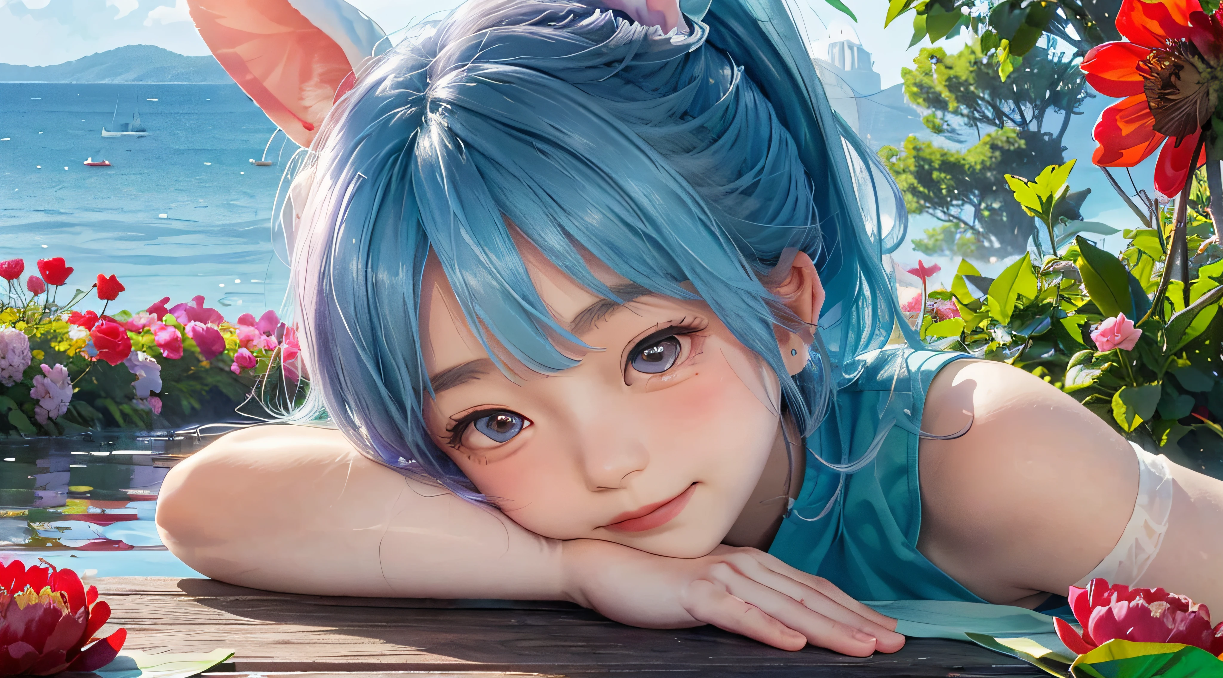 In a blue sky，There are seven rainbows of flowers in the summer daytime，and the sun was shining brightly，There is soft natural light, dingdall effect，An intimate portrait of a young girl about eighteen years old，The girl's appearance is thick eyebrows，There are big watery eyes，The girl has long light blue hair，Keep Qi bangs，front ponytail，The head is wearing a cartoon rabbit ear-like ornament，She blushed，Standing on a wooden pier in a pale green dress，Next to the girl there is also a cute big white rabbit，A wooden pier juts out onto the tranquil lake，The girl gently closed her mouth and looked at the viewer with a smile，Place your left hand under your forehead to block out the sun，The right hand is naturally placed on the side of the thigh，A happy smile on his face。The sun casts a warm glow on the scene，Illuminates the ripples in the water，The rainbow shines with colorful light，Cast a soft shadow on the girl's face。Behind her，A sea of purple and red flowers stretches into the distance，There are peony flowers，Various flowers such as rose flowers contrast with the pale blue sky above。Despite the tranquility of the surroundings，But there was a clear sense of joy and in the girl。