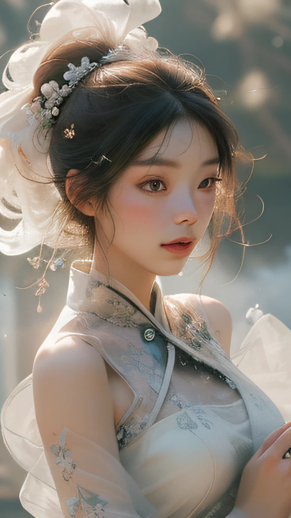 NSFW, Super High Quality, Masterpiece, Perfect Illustration, Extreme Details (Delicate Light and Shadow, Highly Dramatic Picture,)Zhong Hua, 1 Girl, Solo, Hanfu, Ancient_Chinese_architecture, Flower Field, Flowers, (White Smoke:1.3) (Realistic:1.4), Zen Entanglement, Mandala, Tangled, Official Art, Unity 8k wallpaper, super detailed, beautiful and beautiful, masterpiece, best quality, (Dynamic angle: 1.4), glowing skin, (Floating colorful flashes: 1) The most beautiful chaotic forms, elegant, brutalist design, bright colors, romantic depth of field exotic_dance, half_naked