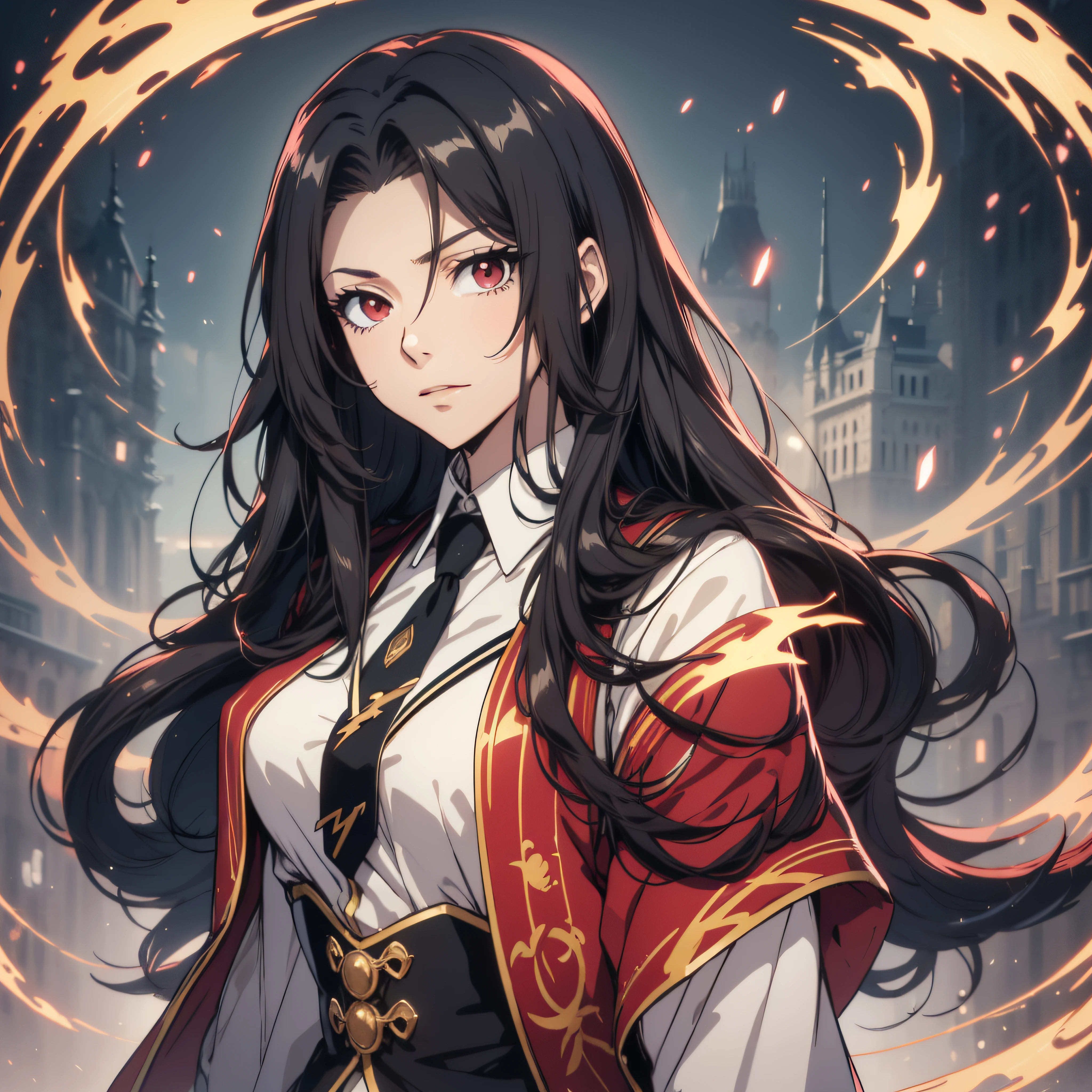 (ultra-detailed, perfect pixel, highrest, best quality), 20 years old Anime girl, smooth anime artstyle, long raven hair, slightly wavy hair, parted bangs, black hair, gradient hair color, Magus, ((red eyes)), detailed eyes, beautiful eyes, long black coat, white shirt, necktie, black skirt, aristocrat, noble attire, beautiful, ethereal, elegant, prestigious, royal building, royal atmosphere, kingdom, particle effect, smoke effect, lightning, looking at viewer