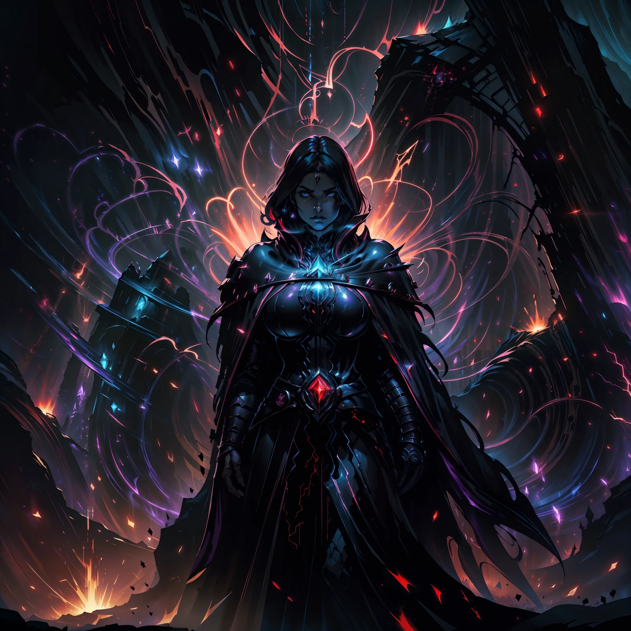 breathtaking concept art ((legendary dark mage lord)), black coat. (cave scenery), dark atmosphere, (vibrant colors), ((red sparks coming from the eyes)), eyecatching, mysterious and scary, dark fog, cave light, hd, 8k, masterpiece, trending on artstation, (depth of field), lot of details, highly detailed, style of Greg Rutkowski and Bastien Lecouffe-Deharme, award-winning, professional, highly detailed,large breasts