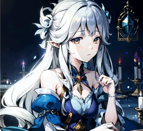 anime girl with long white hair and blue dress sitting at table, ((a beautiful fantasy empress)), granblue fantasy, portrait che...