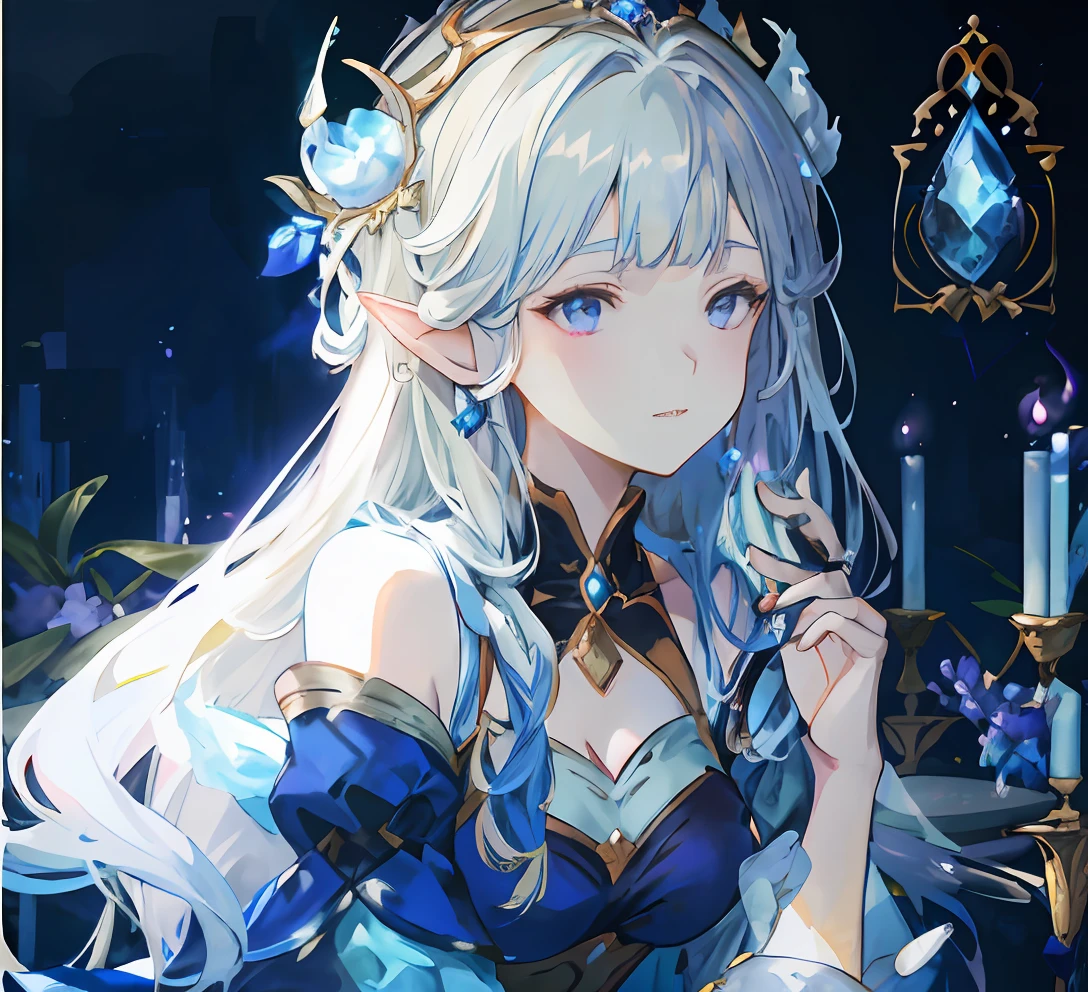 Anime girl with long white hair and blue dress sitting at table, ((a beautiful fantasy empress)), granblue fantasy, Portrait Chevaliers du Zodiaque Fille, Official artwork, high detailed official artwork, Detailed key anime art, offcial art, Kushatt Krenz Key Art Women, beautiful and elegant elf queen, Detailed digital anime art, Azure. detailed hairs