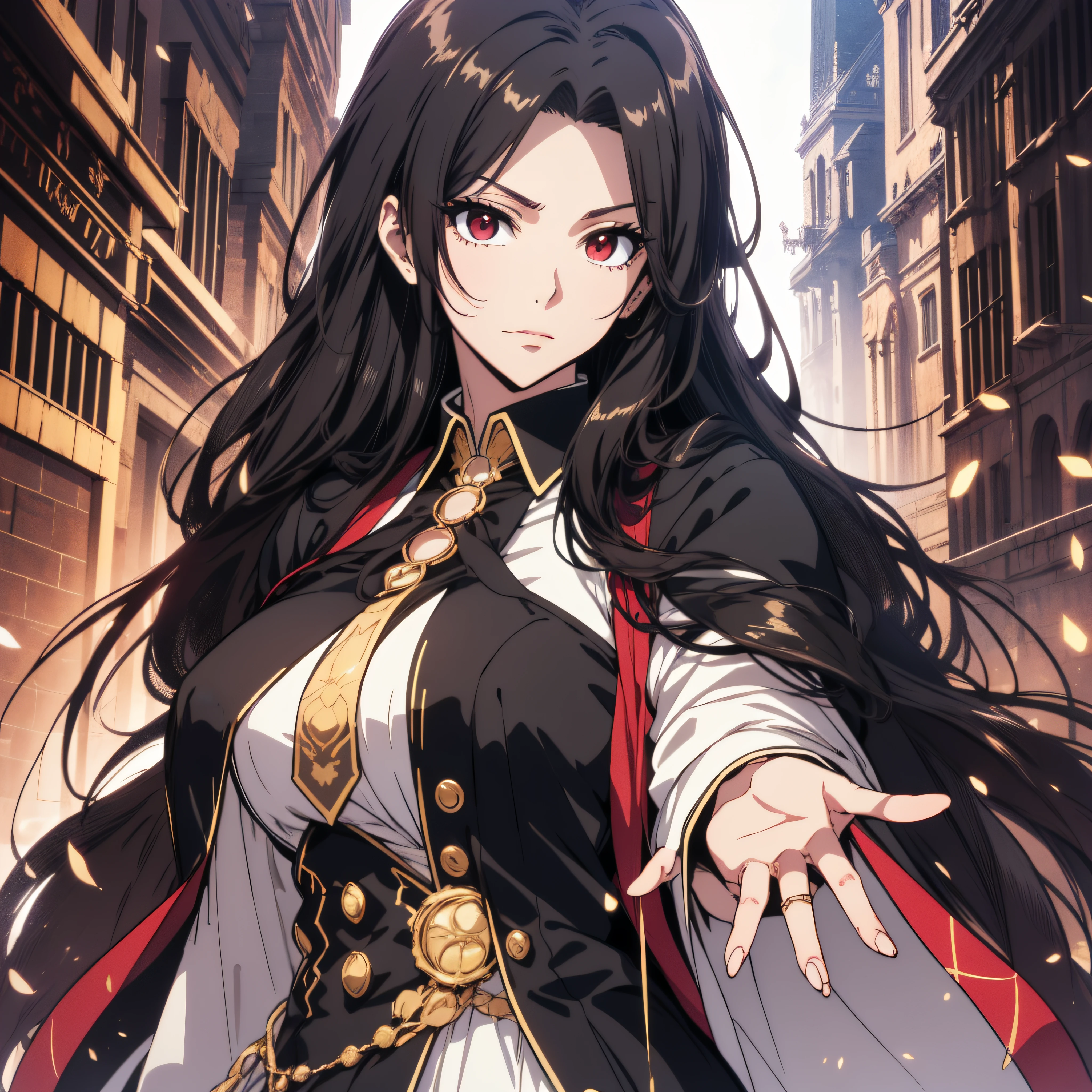 (ultra-detailed, perfect pixel, highrest, best quality), 20 years old Anime girl, smooth anime artstyle, long raven hair, slightly wavy hair, parted bangs, black hair, gradient hair color, Magus, ((red eyes)), detailed eyes, beautiful eyes, long black coat, white shirt, necktie, black skirt, aristocrat, noble attire, beautiful, ethereal, elegant, prestigious, royal building, royal atmosphere, classic, particle effect, looking at viewer