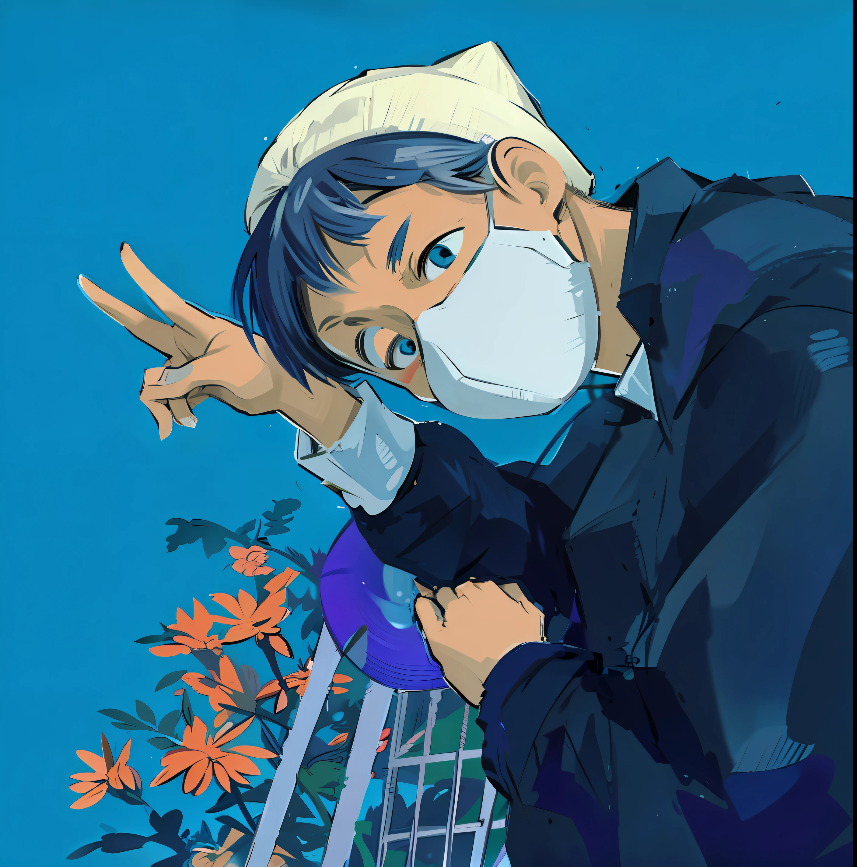 Anime Junge mit Maske und Hut, Lob Kunststil, Kunstwerke im Guviz-Stil, Hochwertiges Fanart, Anime-Stimmung, Animeästhetisch, 9 0 s Anime-Ästhetik, im Anime-Stil, nur Anime-Stil, offizielles Fanart, Lofi-Hip-Hop, im Anime-Stil, 9 0 s Anime-Kunststil, shinji, persönliches Profilbild