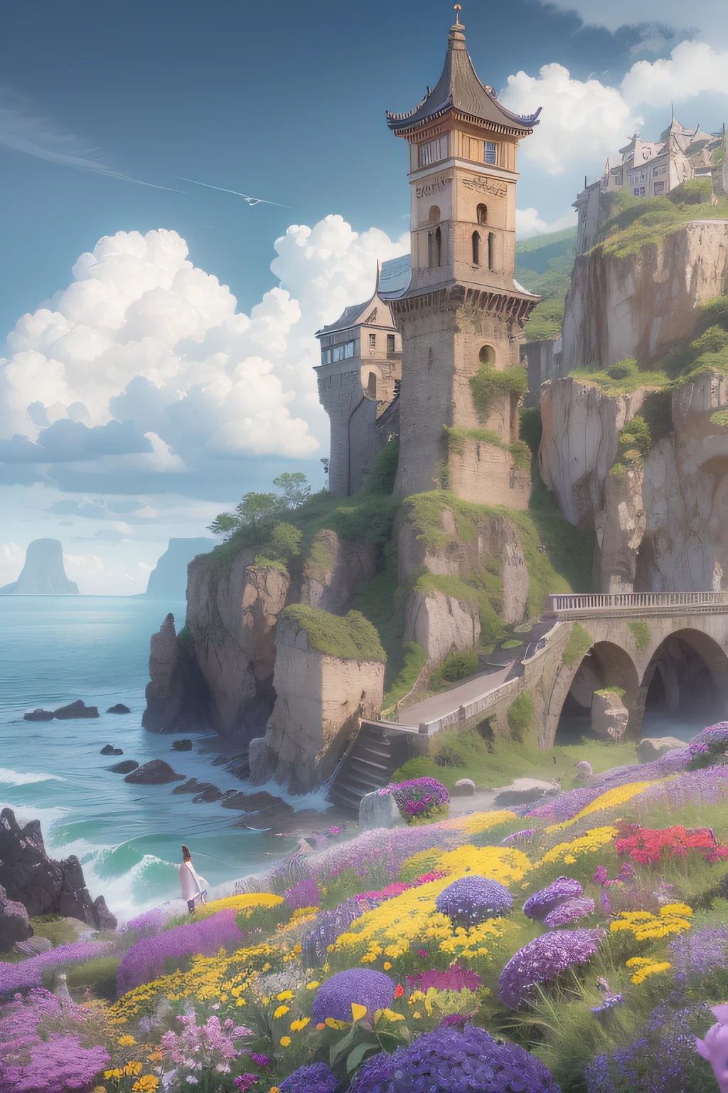 by the pumice island of Baiae Bay, Eta、Old palaces and towers sleeping on the day of the waves々I saw trembling, All overgrown with azure moss and flowers,Flowers are blooming nearby、There are two large clock towers on the left and right、The sea is bad weather and the waves crash into the cliffs