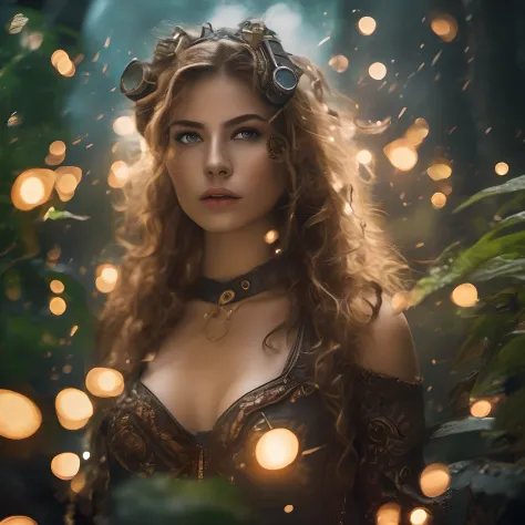 masterpiece, young beautiful woman as steampunk warrior walking through jungle
at night among fireflies, (high detail:1 1), rough face, natural skin, high quality,
beautiful eyes, (detailed face and eyes), (face: 1 2), noise, extra, real photo,
PSD, lamp f...