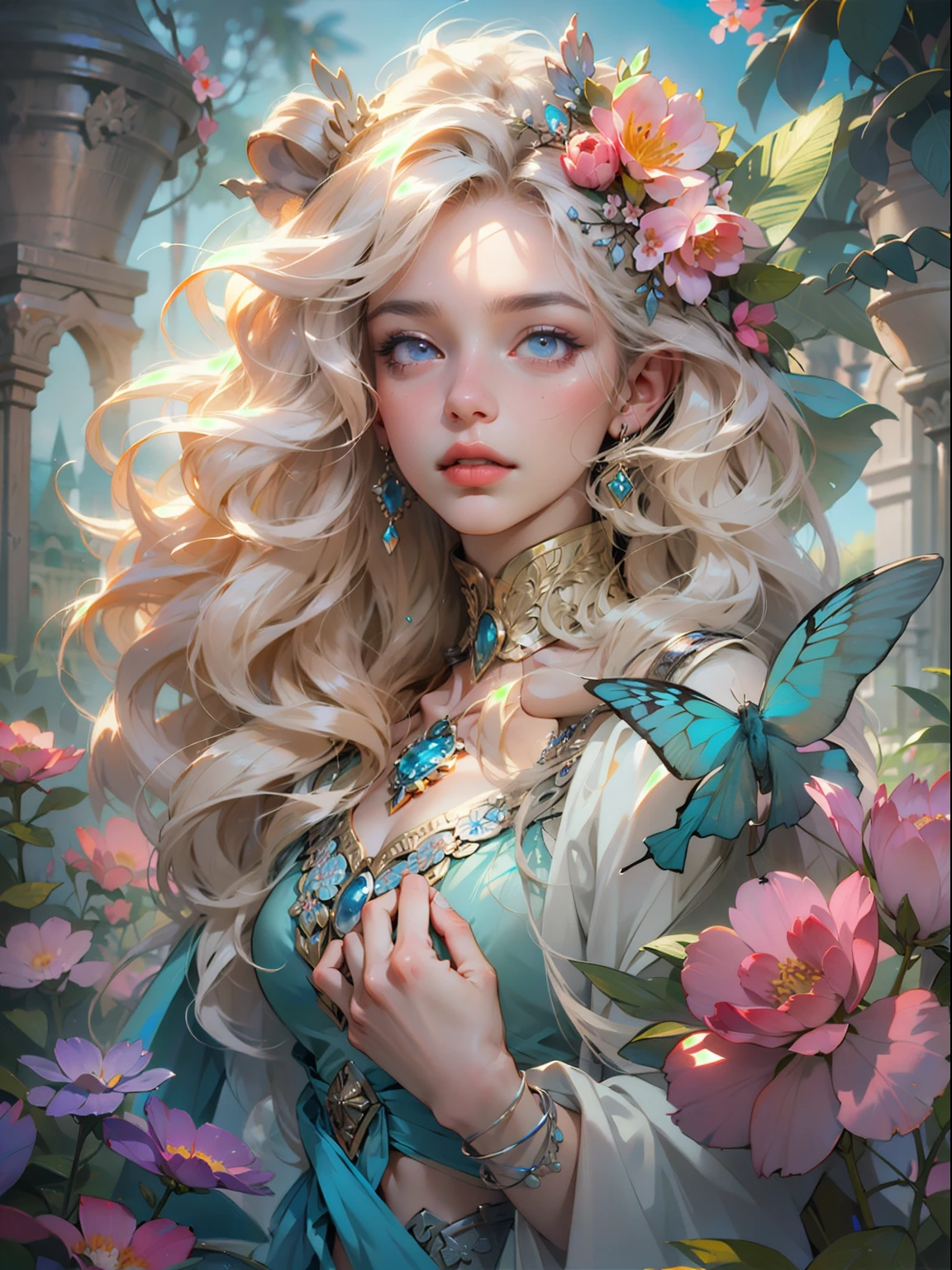 This artwork is dreamy and in the style of mythic fantasy, with soft watercolor hues in varying shades of pink, blue, and purple. Generate a vintage ornate figure from Greek mythology and realistic skin and hair texture. Her strong, proud face has realistically shaded eyes and puffy lips, and a big mouth. Her soft, realistic hair is dancing in the breeze along with the flowers and detailed butterflies that surround her. Include highly detailed fantasy touches including a beautiful watercolor sky. Include 8k eyes, hires eyes, beautiful detail eyes, beautiful detailed eyes, and realistic eyes. Include fantasy details, enhanced details, iridescence, and colorful glitter. Pay special attention to her face and make sure it is beautifully and realistically detailed. This a dreamy image with vintage aesthetics. 8k, intricate, elegant, highly detailed, majestic, digital photography, art by artgerm and ruan jia and greg rutkowski, (((masterpiece, finely detailed beautiful eyes: 1.2))), hdr, ((realistic skin texture)), rays of light, ornate flowers, dew drops, sunlight, hazy rays of sun, flowergateway style, castle, palace, archway, flowers, growing