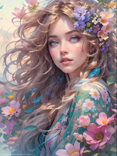 This artwork is dreamy and in the style of mythic fantasy, with soft watercolor hues in varying shades of pink, blue, and purple...