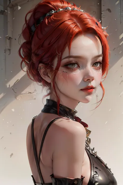 red haired pretty woman, short and low ponytail, two heavy scars across right eye (starting from top of eye), white eyes, smug, cocky, black and red leather top, portrait, medieval times, drop shadow, wide shot, high detail, anatomically correct, masterpie...