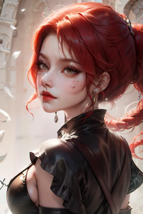 red haired pretty woman, short and low ponytail, two heavy scars across right eye (starting from top of eye), white eyes, smug, cocky, black and red leather top, portrait, medieval times, drop shadow, wide shot, high detail, anatomically correct, masterpie...