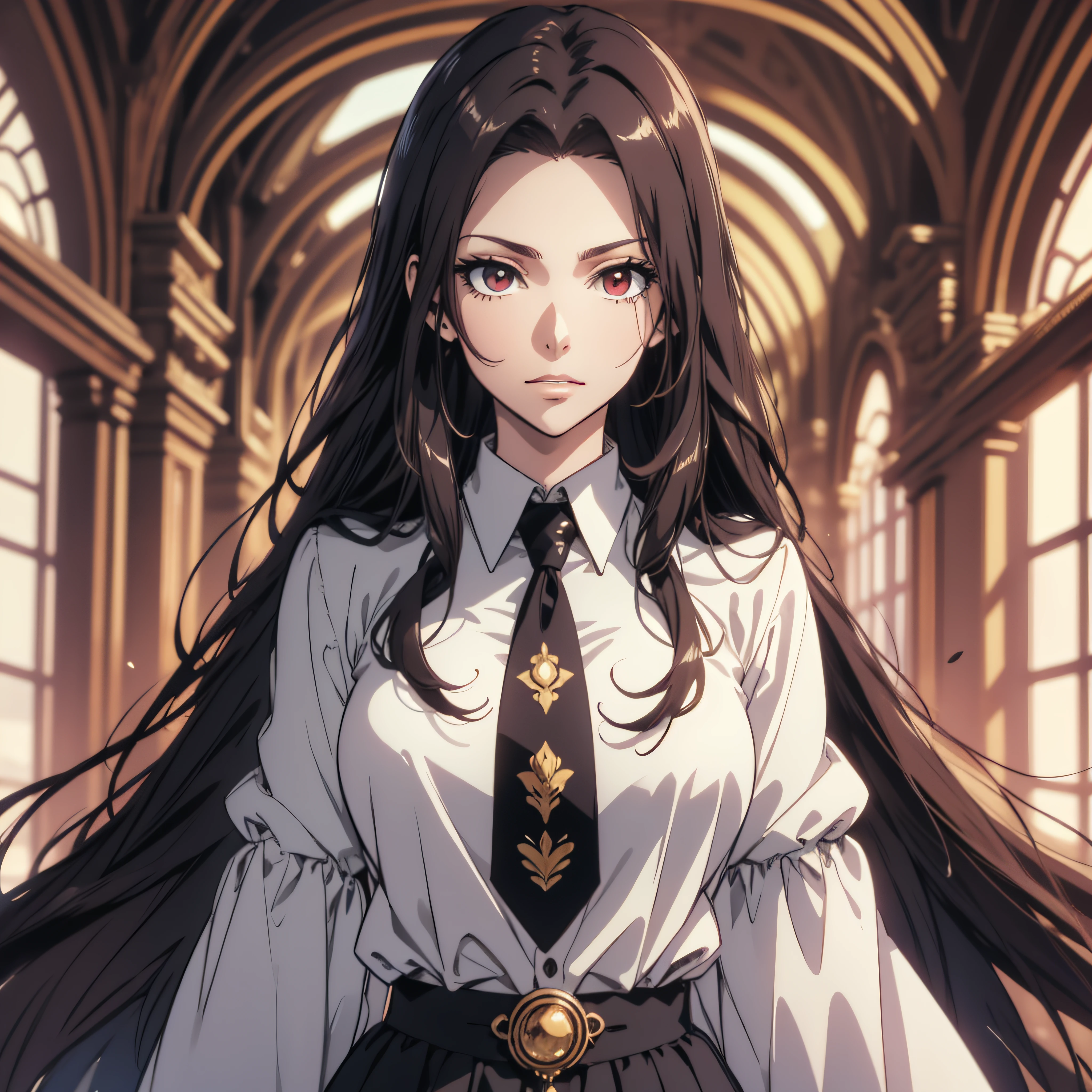 (ultra-detailed, perfect pixel, highres, best quality), 20 years old Anime girl, smooth anime artstyle, long raven hair, slightly wavy hair, parted bangs, black hair, gradient hair color, Magus, red eyes, detailed eyes, beautiful eyes, natural lips, long black coat, white shirt, necktie, black skirt, aristocrat, noble attire, beautiful, ethereal, elegant, prestigious, royal building, royal atmosphere, classic, looking at viewer,