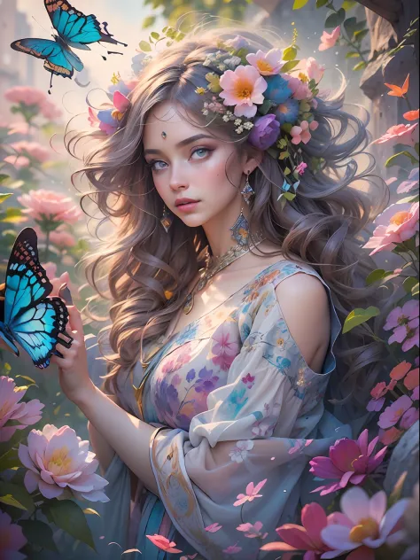 This artwork is dreamy and in the style of mythic fantasy, with soft watercolor hues in varying shades of pink, blue, and purple. Generate an ornate figure from Greek mythology and realistic skin and hair texture. Her strong, proud face has realistically s...