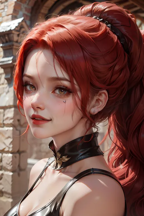 red haired pretty  woman, assassin, mercenary, evil laugh, short and low ponytail, two heavy scars across right eye (starting from top of eye), white eyes, smug, cocky, black and red leather top, portrait, medieval times, drop shadow, wide shot, high detai...