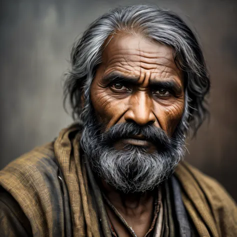 A portrait of a poor Indian 1800 old worker，ragged attire，（Overwhelming fatigue）），age wrinkles，concept-art，Oil painting，Moody gr...