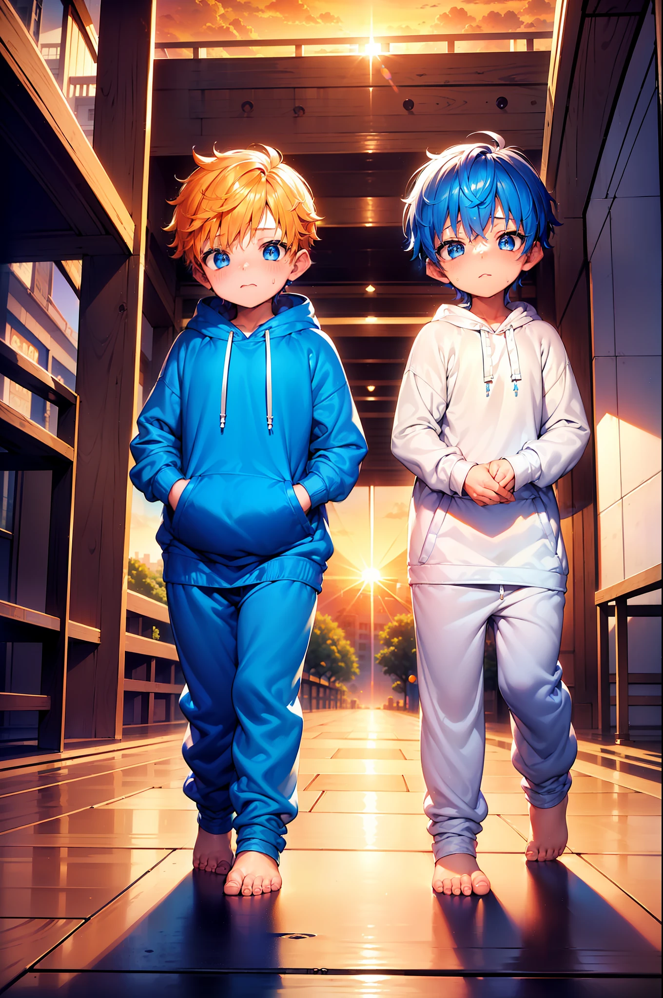 2 Little boys with blue colored hair and shiny, glowing cyan eyes and barefoot and small feet, who wear a yellow oversized hoodie and sweatpants walking along a river, flush, Jung, Junge, Kind, klein, Kleinkind, tiny feet, (Jogginghose:1.4), (Jung:1.4), (Kind:1.4), (Shota:1.4), (Kapuzenpullover:1.4), (sunrise:1.4)