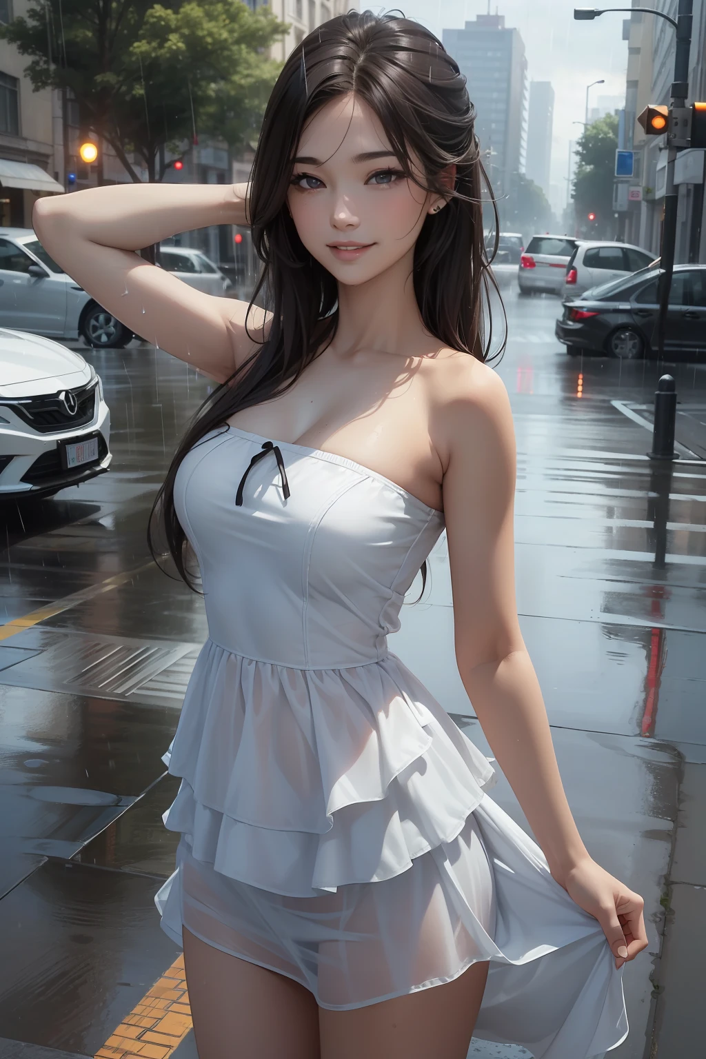 ((Best Quality, 8K, Masterpiece:1.3)), Focus: 1.2, Perfect Body Beauty: 1.4, Buttocks: 1.2, ((Layered Haircut, Breasts: 1.2)), (Wet Clothes: 1.1), (Rain, Street:1.3), Bandeau Dress: 1.1, Highly Detailed Face and Skin Texture, Fine Eyes, Double Eyelids, Whitening Skin, Long Hair, (Shut Up: 1.3), Smile