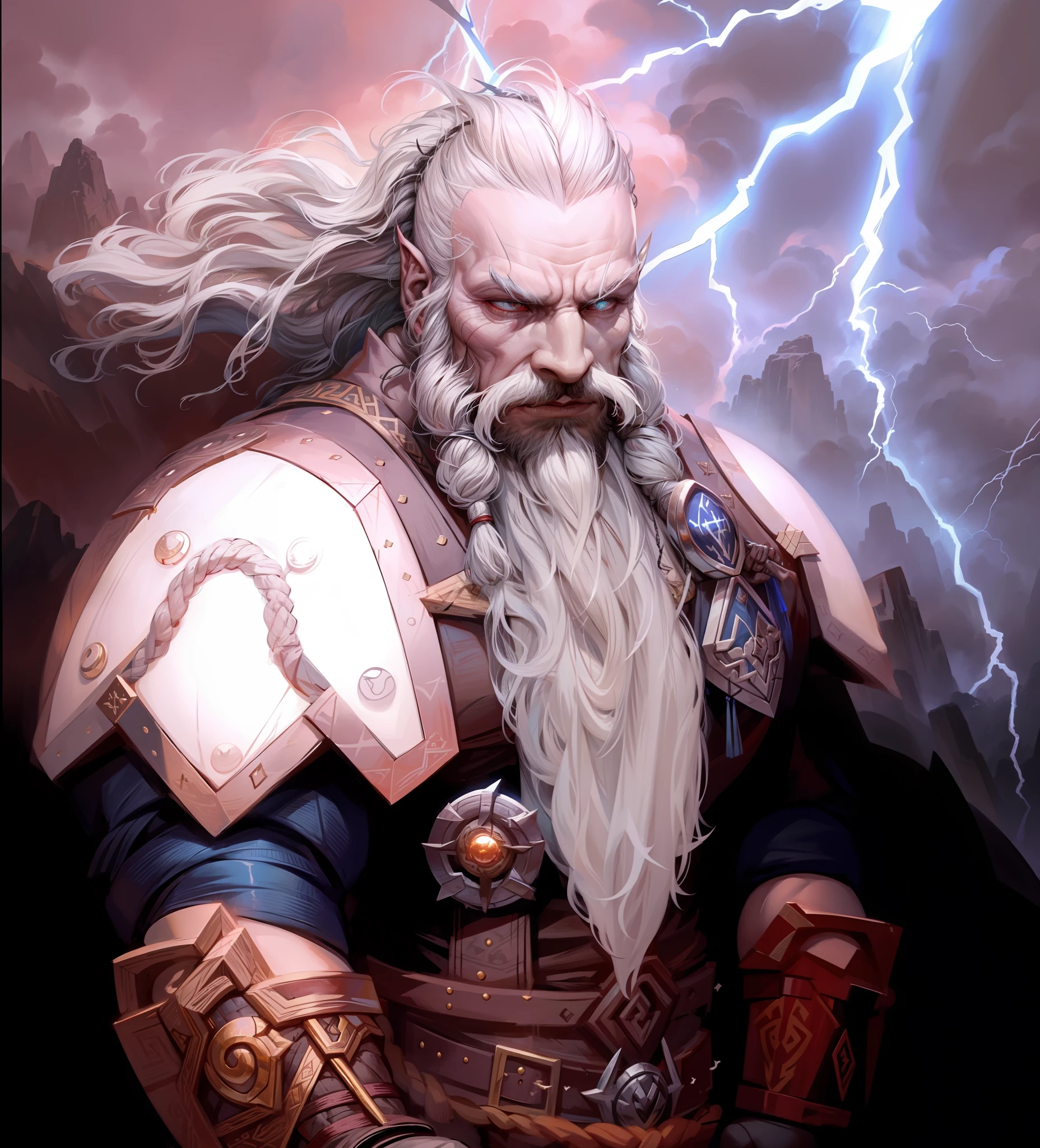 Thorin: Dwarven god of Thunder War and Lightning, mithycal dwarf, norse tattoos on his head, lightning coming out of his eyes, lightning, god of thunder, thunder and lightning, huge nose, holding a Legendary axe in one hand and a Legendary hammer in the other hand, white hair shaved on the sides, braided mohawk, head tattoos, braided white beard, wolfs sculpted inn his armor, extremely intimidating, wrath, anger, glowing eyes, god, godly power, god-like power of lightning, huge thick nose, big nose, Dwarven god, dwarf, dwarf from Lord of the Rings, dwarf god