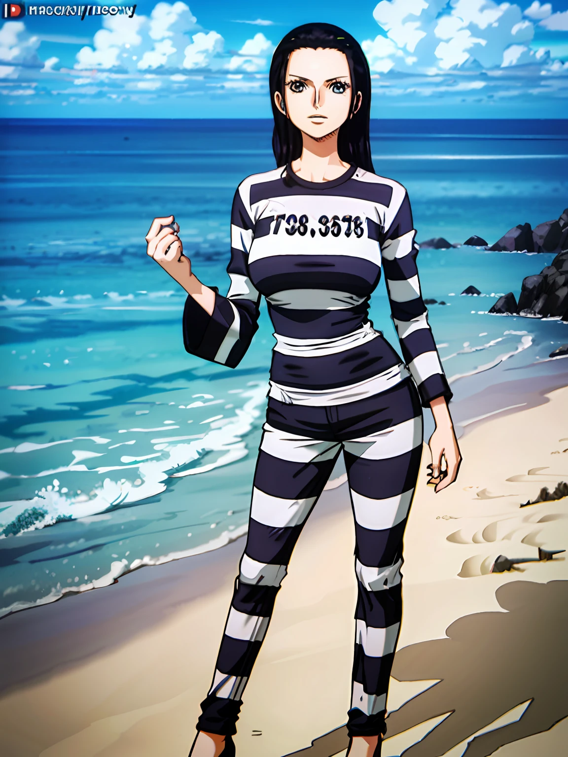 1girl, (shapely body), (solo), 30 years old,  hdr, beach, nico robin, priclothes, striped clothes, prisoner, clothes, clothing, outfit, pants, long sleeves,