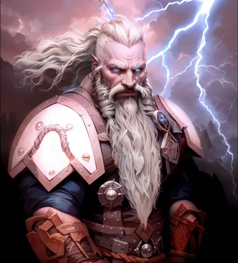 Thorin: Dwarven god of Thunder War and Lightning, mithycal dwarf, norse tattoos on his head, lightning coming out of his eyes, l...