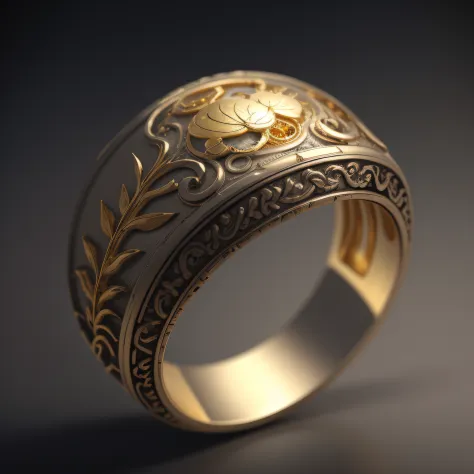 masterpiece, best quality, octane render, hdr,
no humans, simple background, black background, grey background, depth of field, gradient background,
(ring), silver, intricate detail, (small gold leaf) in ring,