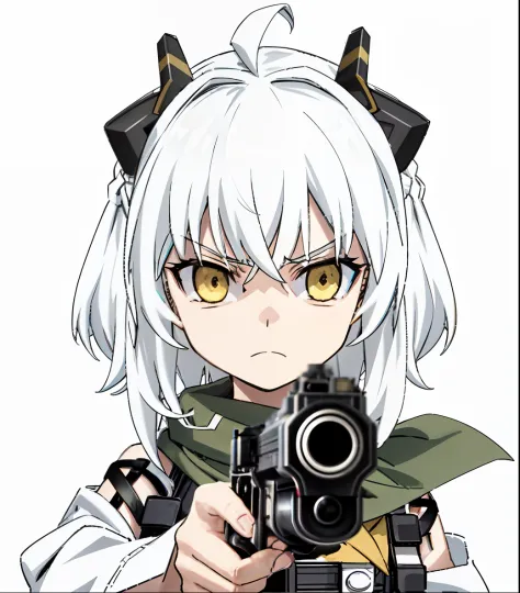 best quality, 4k,masterpiece, extremely detailed, 8k, High Detail, Sharp focus, 1girl, solo, ((white hair)), short hair,ahoge,(french braid),(light green scarf), hairclip,((dark grey horns)),((yellow eyes)),detailed eyes, star-shaped pupils, hair ornament,...