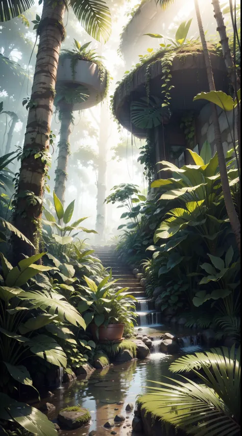 8k, super nette, hyperrealism, Lots of detail, very dense jungle, humid and sunny, lots of different plants