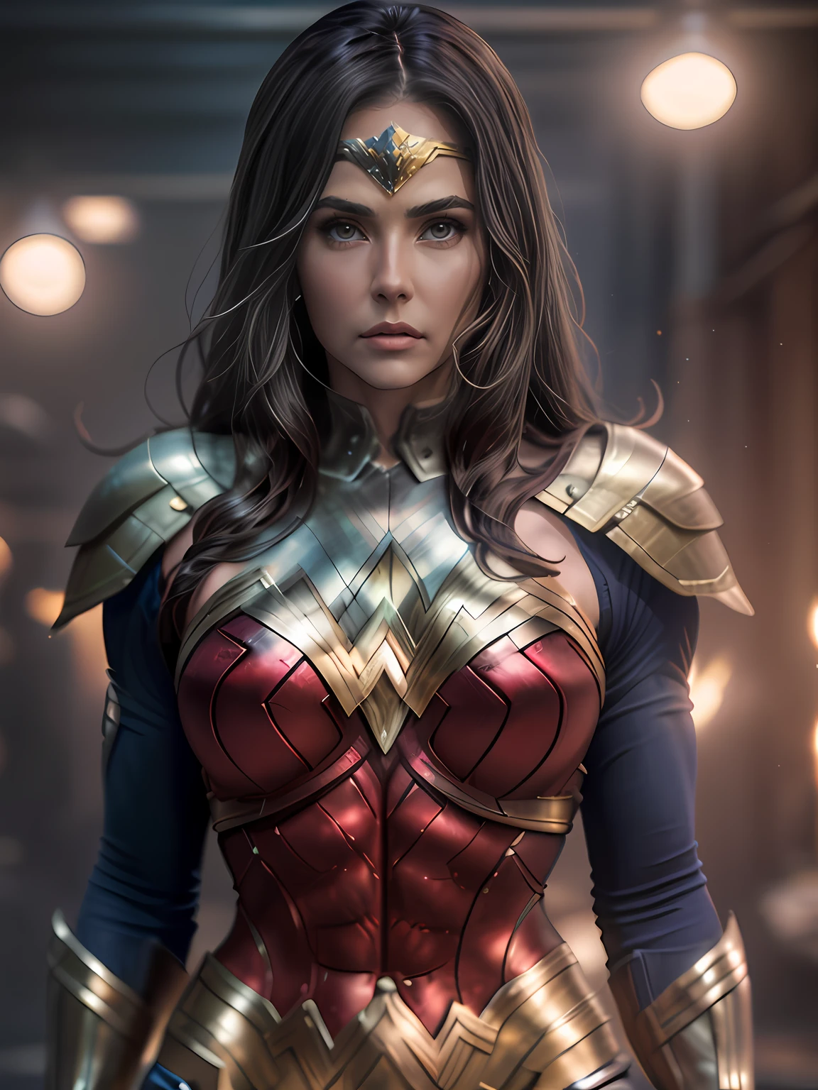 Deborah Secco as Woder Woman, Cinematic soft lighting illuminates a stunningly detailed and ultra-realistic Wonder Woman perfect body, brown eyes, red and blue armor, that is trending on ArtStation. Octane is the perfect tool to capture the softest details of this 16k photography masterpiece
