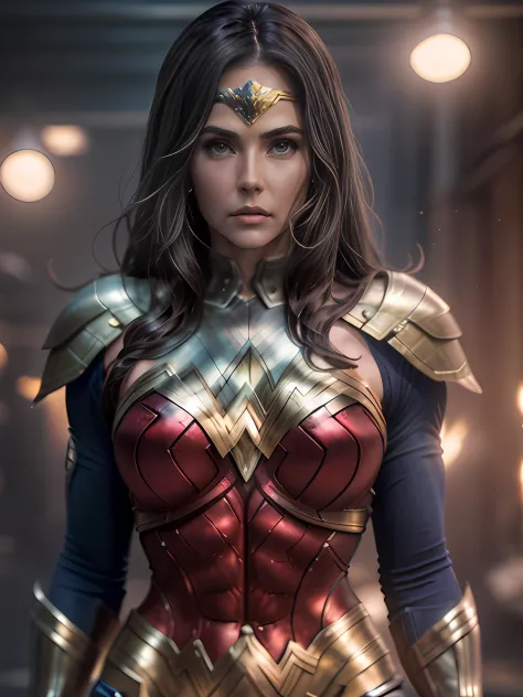 Deborah Secco as Woder Woman, Cinematic soft lighting illuminates a stunningly detailed and ultra-realistic Wonder Woman perfect body, brown eyes, red and blue armor, that is trending on ArtStation. Octane is the perfect tool to capture the softest details...