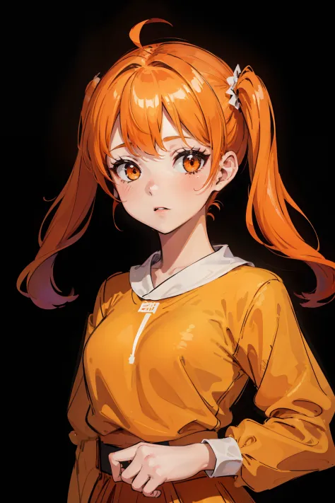 (highres, best quality:1.2), radiance, soft contours, beautiful drawing, (masterpiece), 1girl, orange twintails, stylish fashionable clothes, bright blurred background