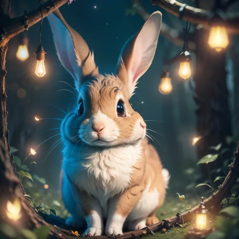 close up photo of a rabbit in an enchanted forest, nighttime, fireflies, volumetric fog, halation, bloom, dramatic atmosphere, centred, rule of thirds, 200mm 1.4f macro shot, ultra HD --auto --s2