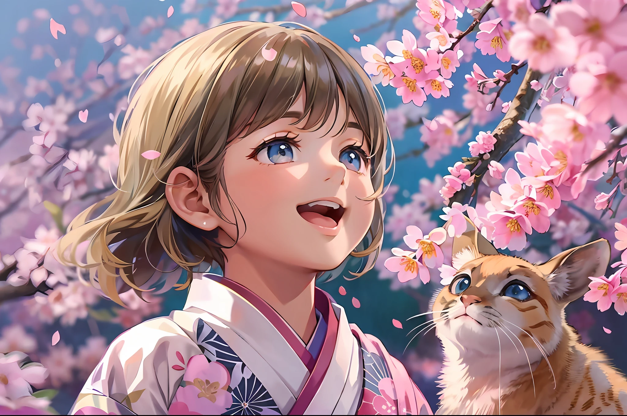  in Japanese kimono standing under a blooming cherry blossom tree，head looking up，Raise Hand，Opens mouth and laughs，Big eyes，Small nose，Cute and well-behaved，falling flower petals，fawn，8K resolution，best qualtiy，tmasterpiece，super-fine，Detailed pubic hair，Accurate