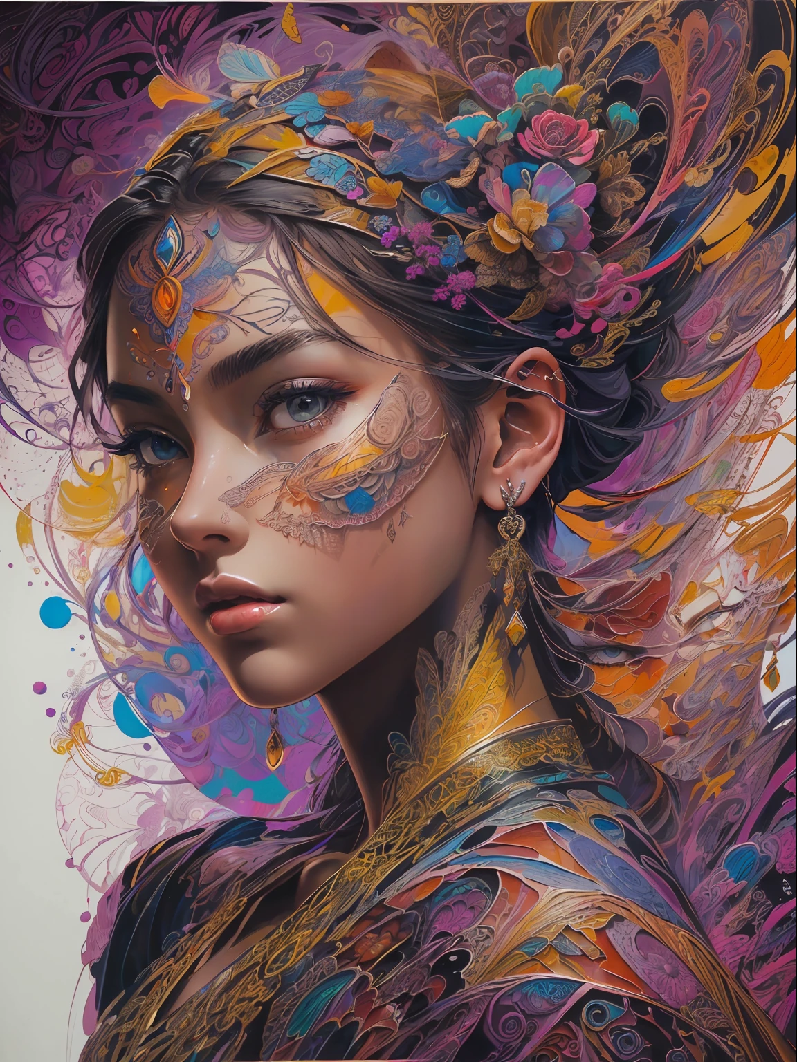 This image features a beautiful, striking colorful portrait emerging from a black canvas. Generate a very colorful portrait of a woman on a black canvas. (masterpiece, top quality, best quality, official art, beautiful and aesthetic:1.2), (1girl:1.3), extremely detailed,(fractal art:1.2), colorful, highest detailed,(zentangle:1.2), (dynamic pose), (abstract background:1.5), (traditional dress:1.2), (shiny skin), (many colors:1.4), upper body, masterpiece, best quality, high quality, highres, 16, RAW, ultra highres, ultra details,finely detail, an extremely delicate and beautiful, extremely detailed, real shadow, anime, highly detailed painted, award-winning glamour painting, wonderful painting, art style, stylized,