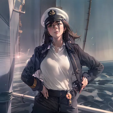 Beautiful woman attractive well realistic with navy uniform on a ship on high seas day and in sunny best quality and best effects best shadows best lighting 8k